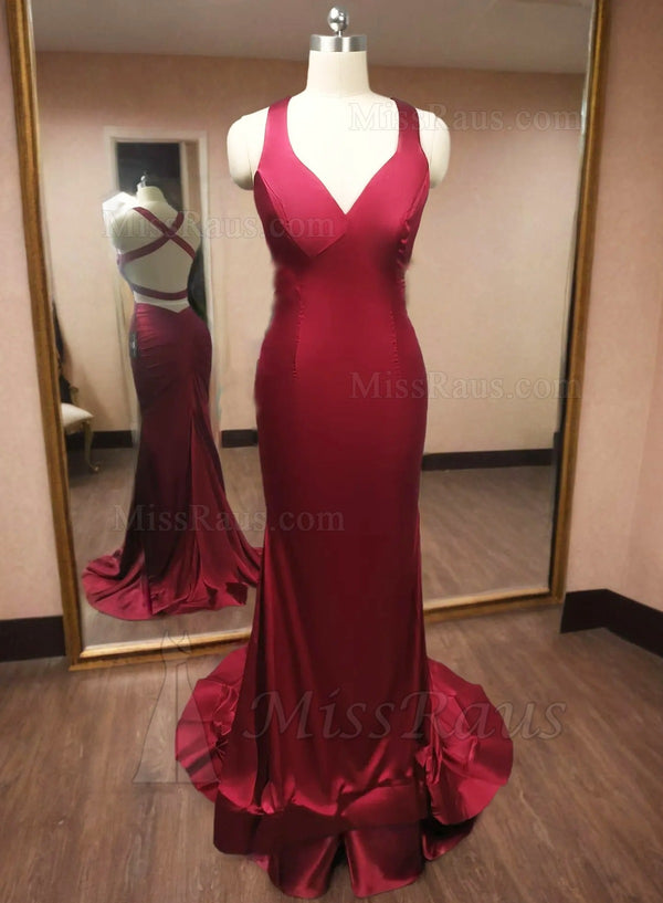 Backless V-neck Burgundy Satin Mermaid Prom Dress With Ruffle Hem Evening Gown