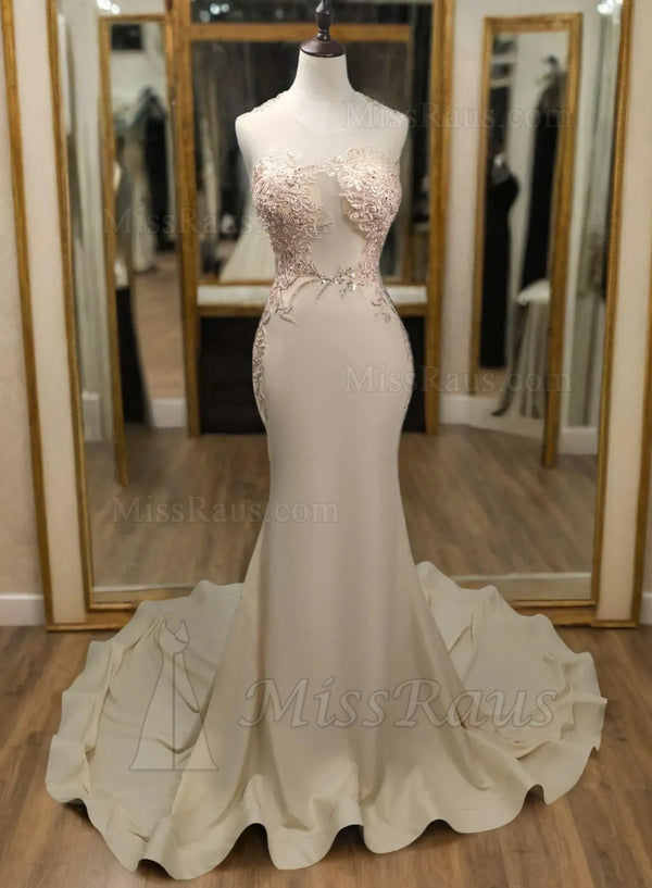 Champagne Satin Mermaid Evening Gown with Floral Applique Prom Dresses