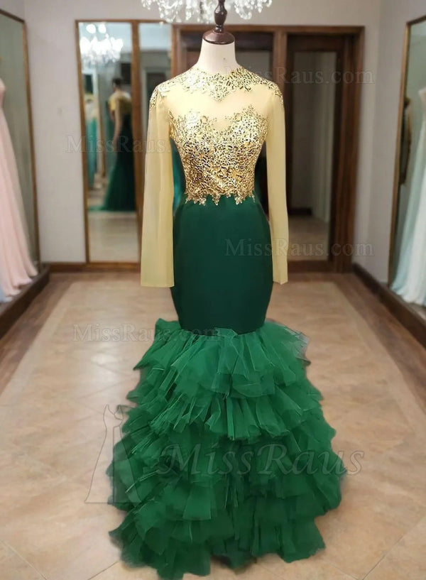 Long Sleeves Emerald Green Ruffled Mermaid Prom Dresses With Layered