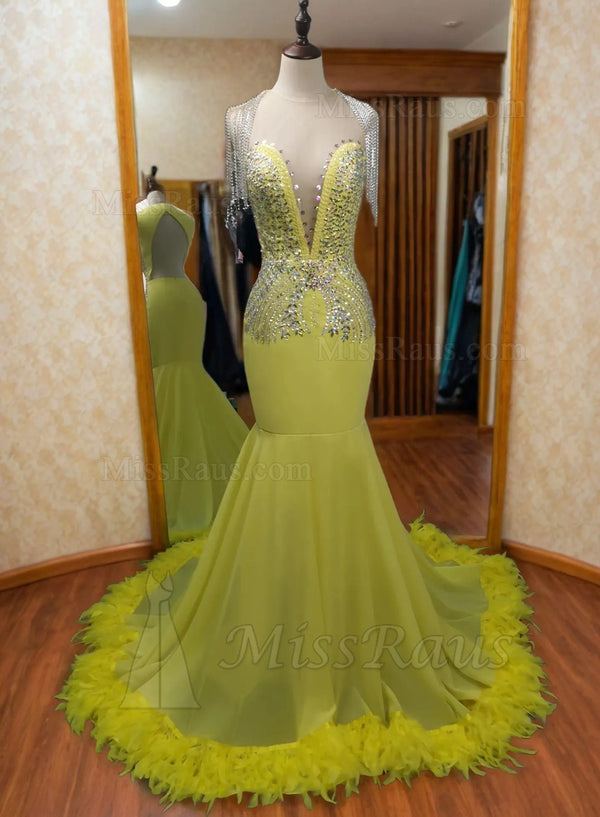 Yellow V-neck Backless Mermaid Prom Dress with Feather-Trim and Beaded