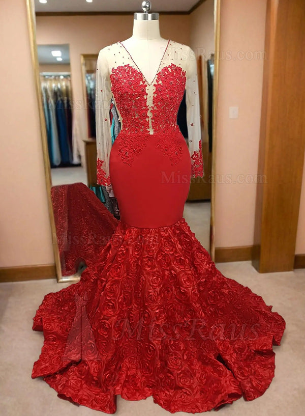 Red Long Sleeve Mermaid Lace Prom Dresses with Handmade flowers and Beads