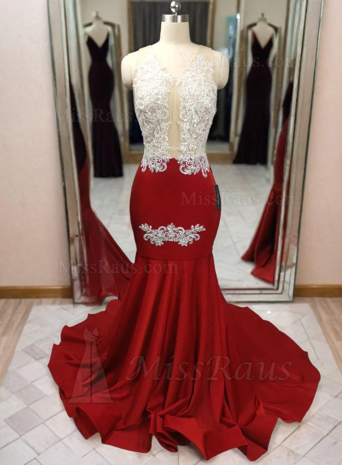 Red V-neck Mermaid White Lace Applique Prom Dresses – MissRaus