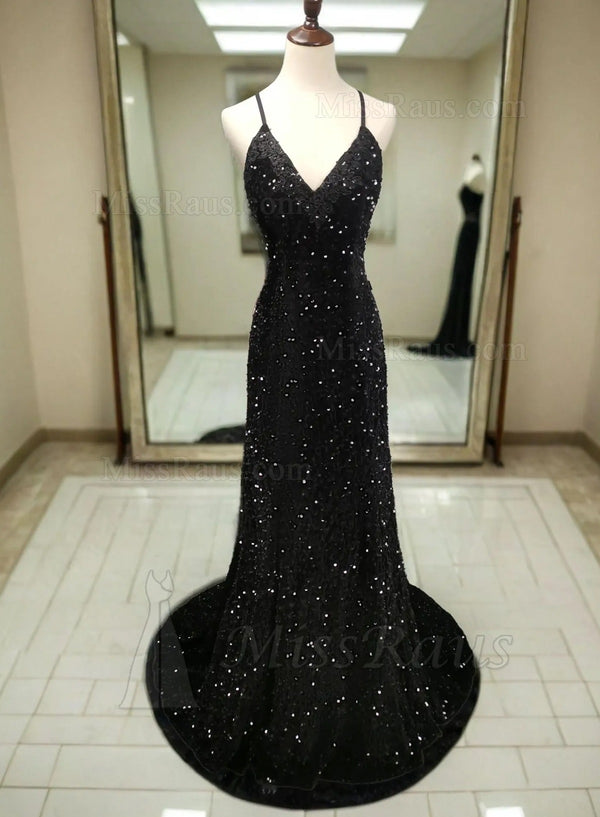 Black Sequin Spaghetti Strap Mermaid Formal Evening Gown with Train