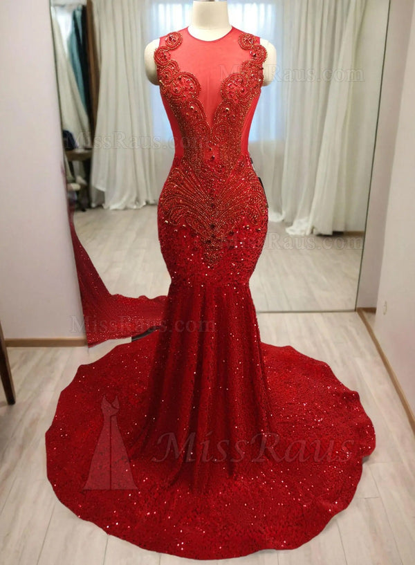 Sleeveless Mermaid Red Sequin Beaded Evening Gown / Prom Dresses