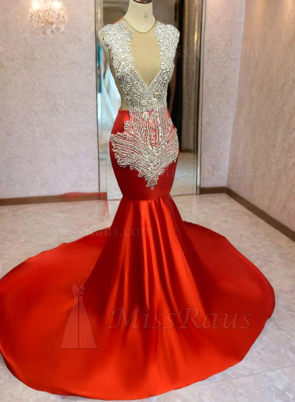 Red Satin Mermaid Gown Beaded Embellished V-Neck Prom Dresses