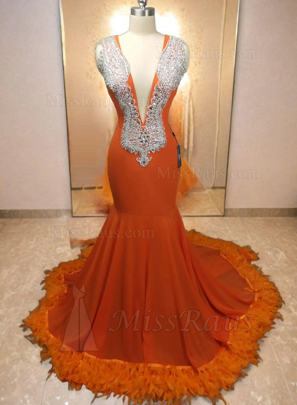 Orange Mermaid Feather Trim Beaded Applique Formal Gown / Prom Dresses