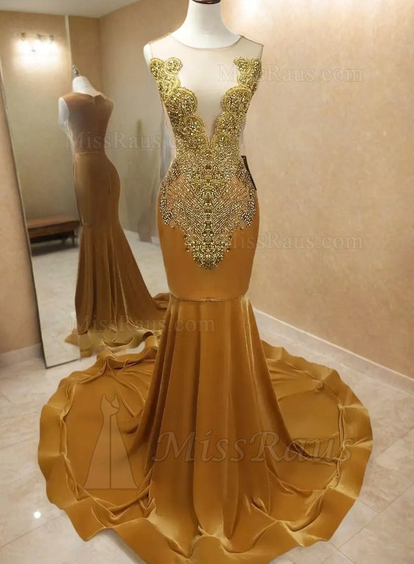 Golden Sequined Embroidery Mermaid Prom Gown Sleeveless Evening Dresses