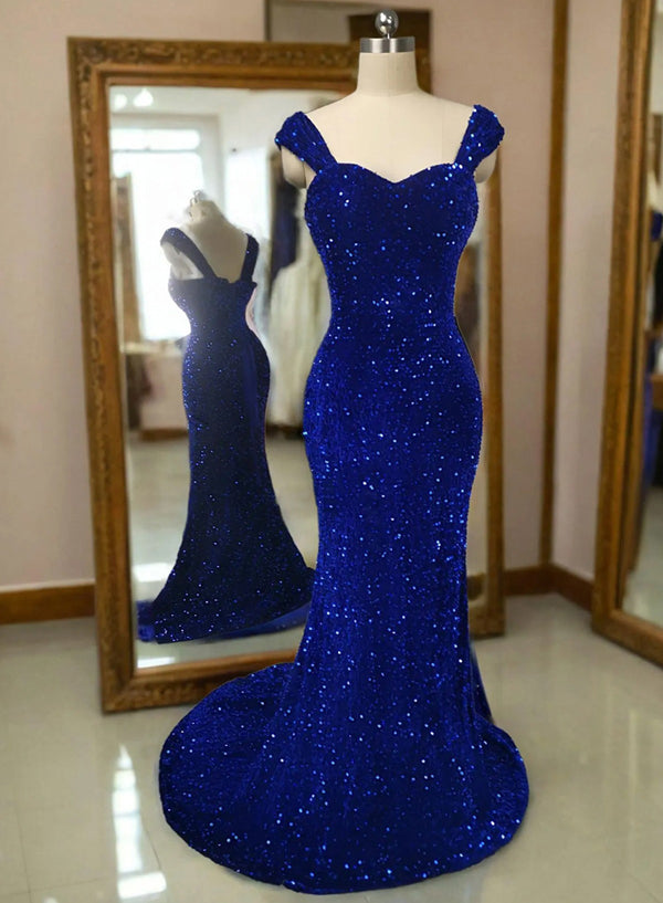 Off Shoulder Royal Blue Sequin Mermaid Evening / Prom Dresses