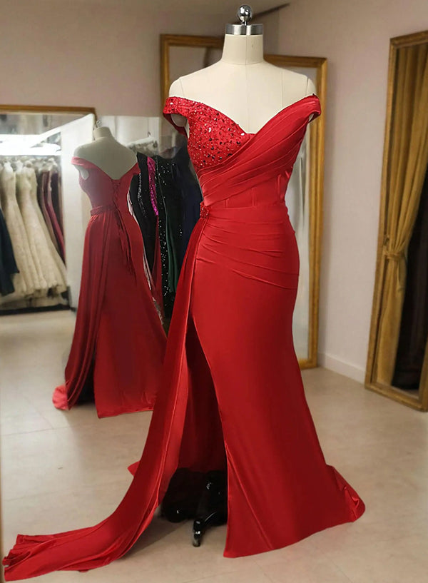 Off the Shoulder Red Satin Mermaid Prom Dresses with Sequined and Side Slit