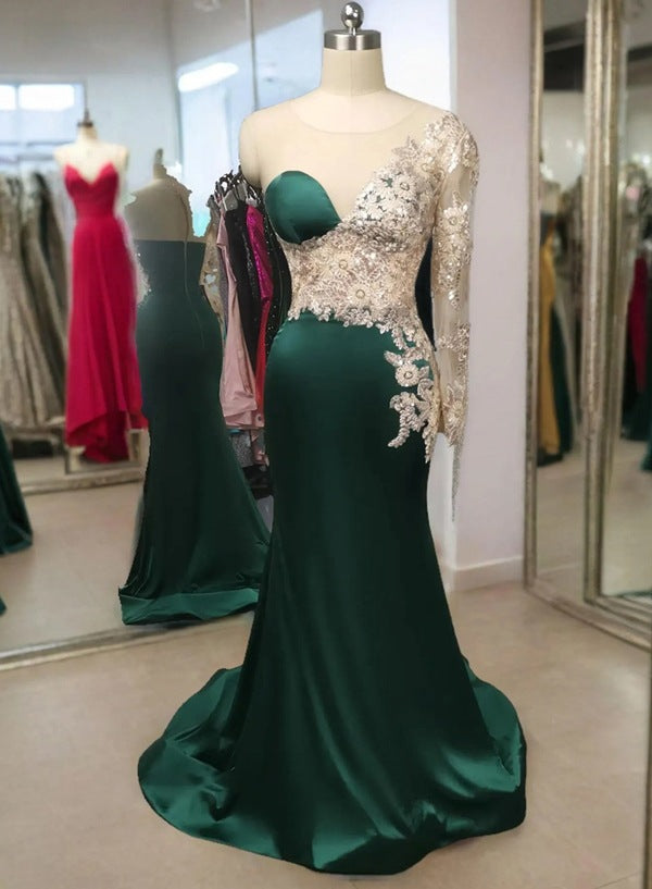 One Sleeve Satin Mermaid Evening Dresses with Embroidered and Beaded