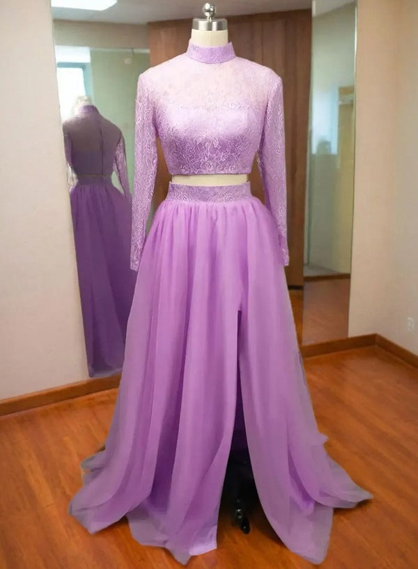 Long Sleeves Lavender Two Piece Prom Dresses with Lace Top