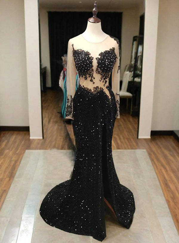 Long Sleeves Mermaid Sequins Evening Gown / Prom Dresses With Beaded and Side Split