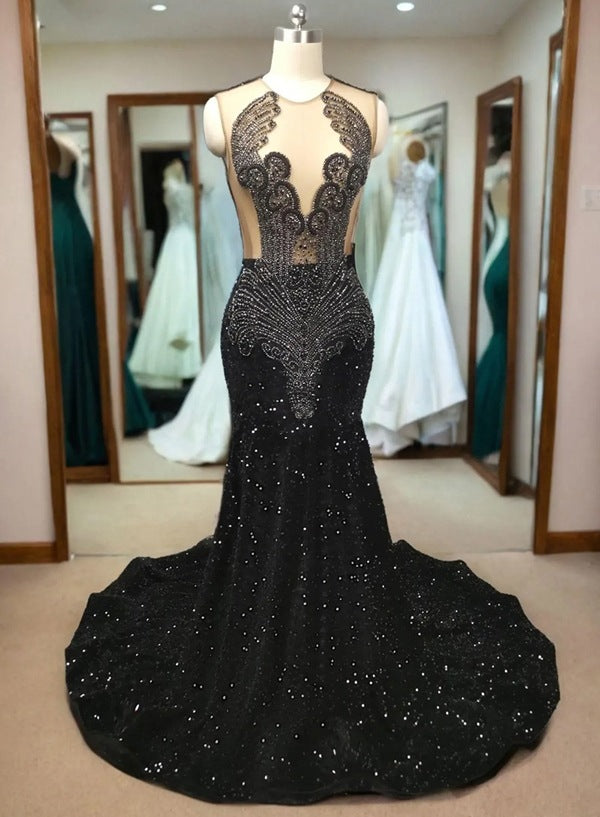 Black Sequin Mermaid Backless Evening Gown / Prom Dress With Beaded