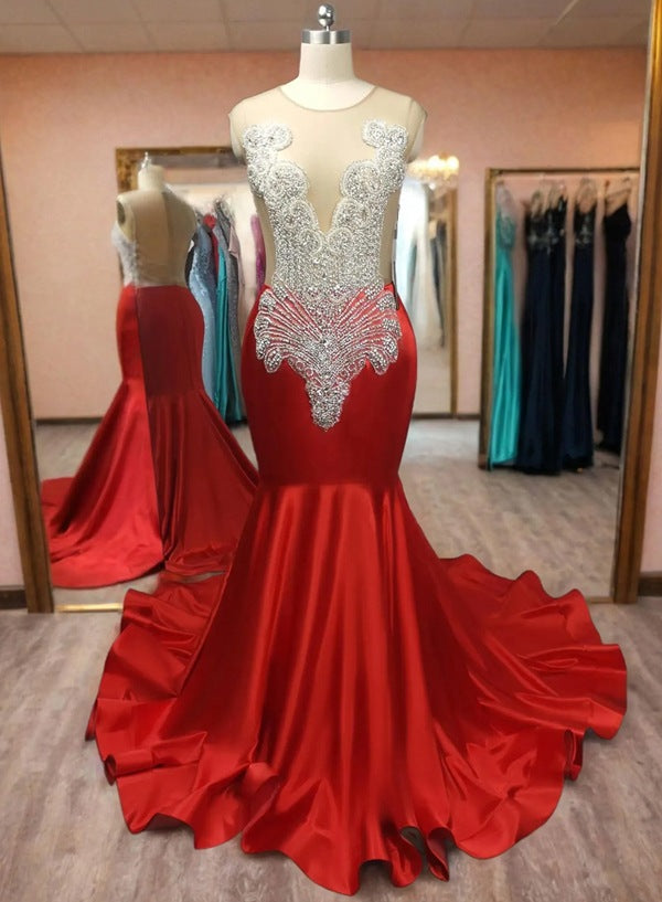 Red Satin Mermaid Sleeveless Prom Dresses with Beaded