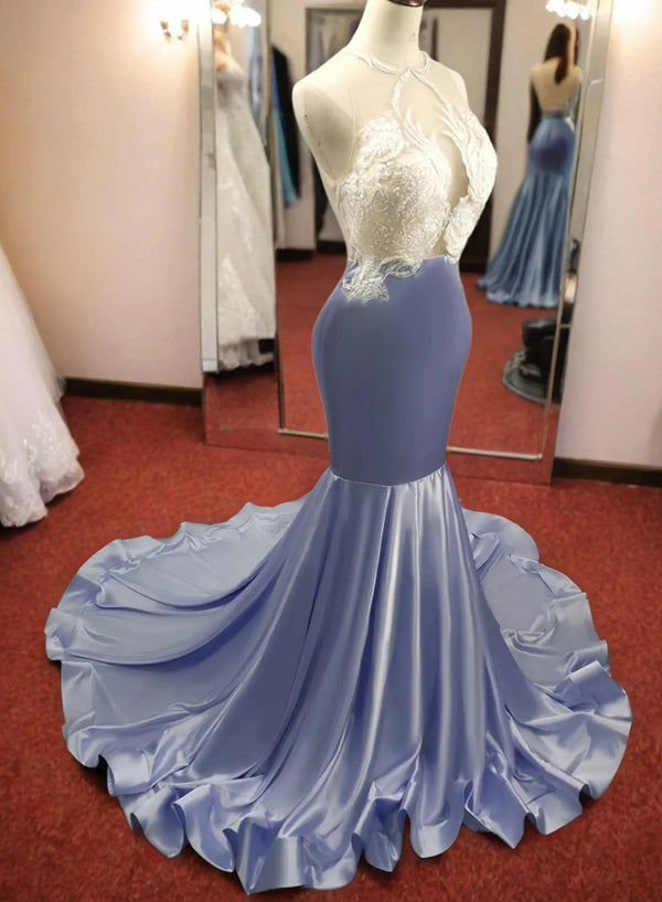 Lavender Satin Mermaid Halter Neck Prom Dress With Ruffles and Beaded