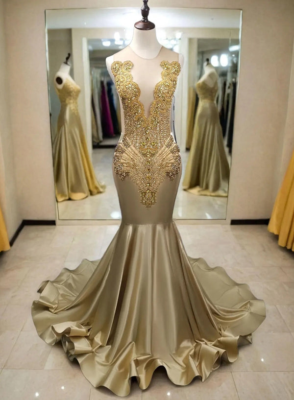 Gold Satin Beaded Embellished Mermaid Prom Dresses with Ruffles