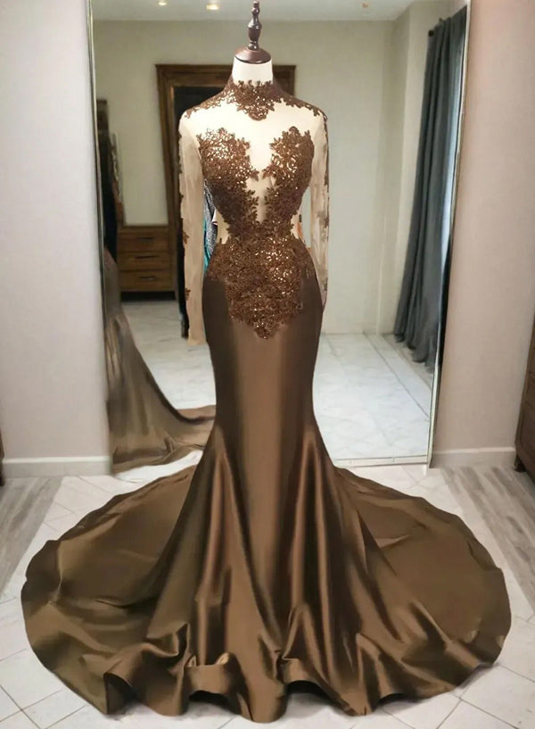 Brown Satin Mermaid Evening Gown with Long Sheer Embroidered Sleeves