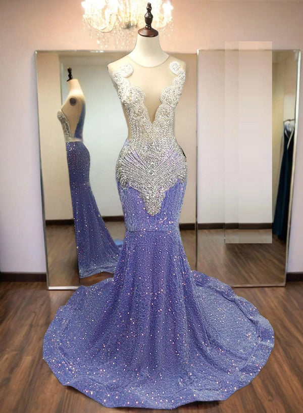 Lavender Sequined Mermaid Prom Dresses with Feather Hem and Sheer Panels