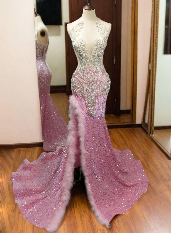 Pink Sequined Mermaid Gown with Feather Trim for Prom Dresses