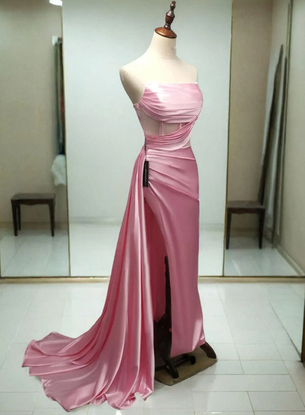 Strapless Pink Satin Formal Prom Gown with Side Slit and Draped Detail