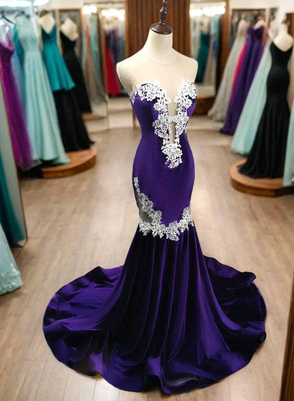 V-neck Velvet Mermaid Lace Applique Formal Dress / Prom Dresses