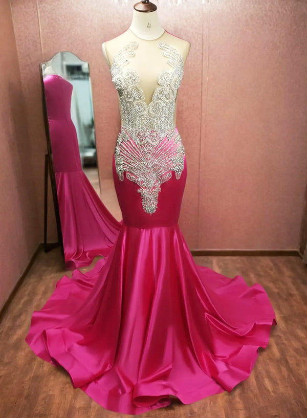 Fuchsia Mermaid Dress with Silver Beadwork Plunge Neckline Prom Dresses