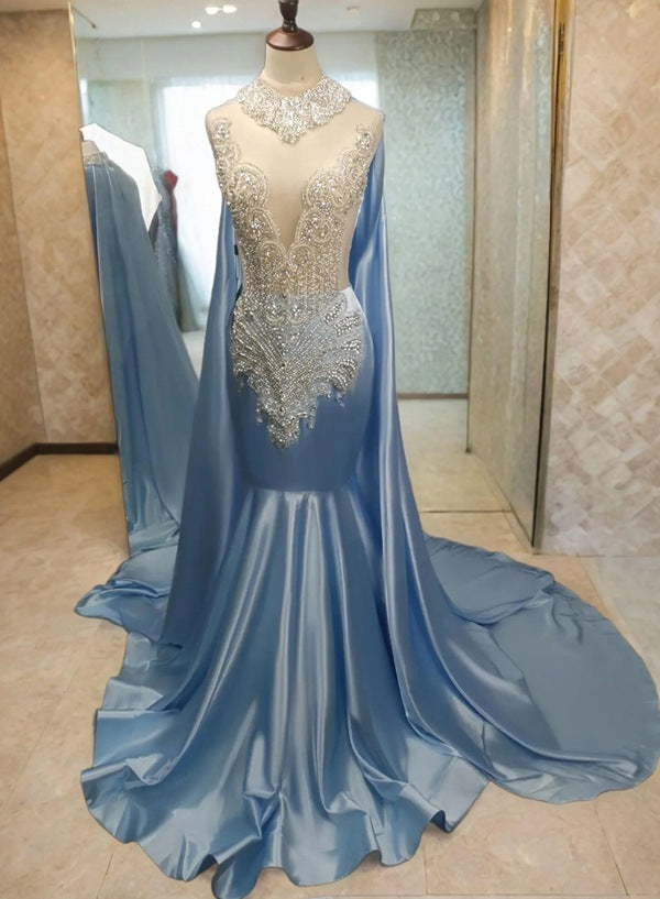 Sky Blue Satin Sheer Beaded Back Evening Dress / Prom Dresses