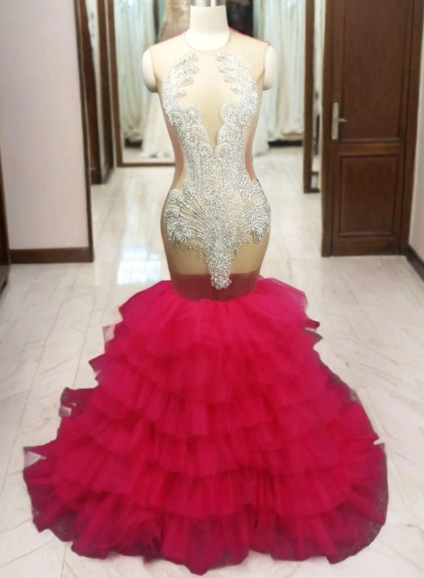 Hot Pink Tiered Ruffle Gown Beaded Bodice Sleeveless Prom Dresses