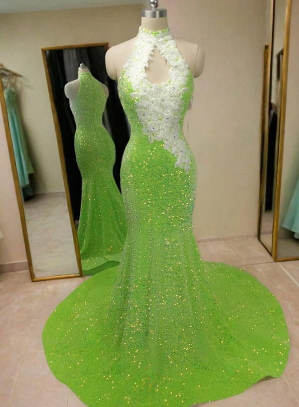 Halter Sleeveless Lime Green Sequined Mermaid Evening Gown with Lace Applique and Beaded