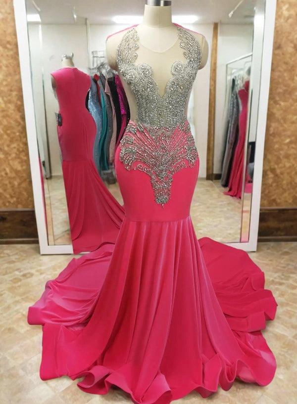 Sleeveless Hot Pink Beaded Velvet Mermaid Prom Dresses