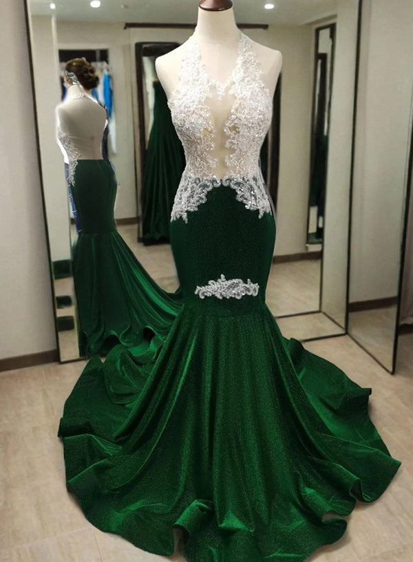 Hunter Green Sequin Lace Embellished Mermaid Prom Dresses