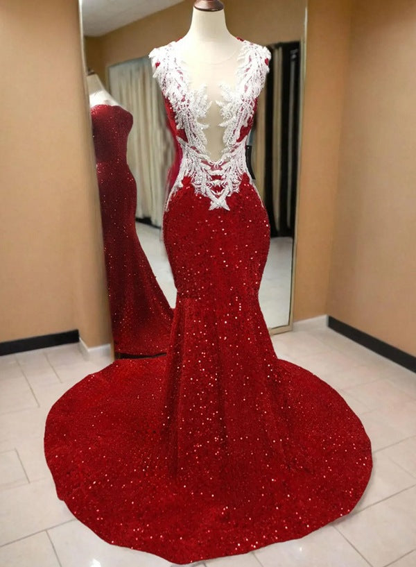 Sleeveless Red Sequin Applique Mermaid Formal Dress / Prom Gown