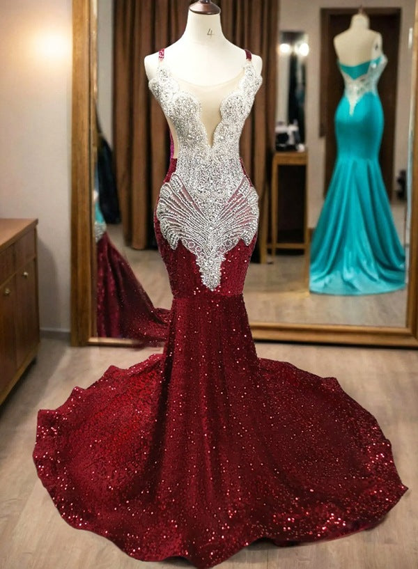 Burgundy Sequin Mermaid Evening Gown with Beaded Bodice Prom Dresses