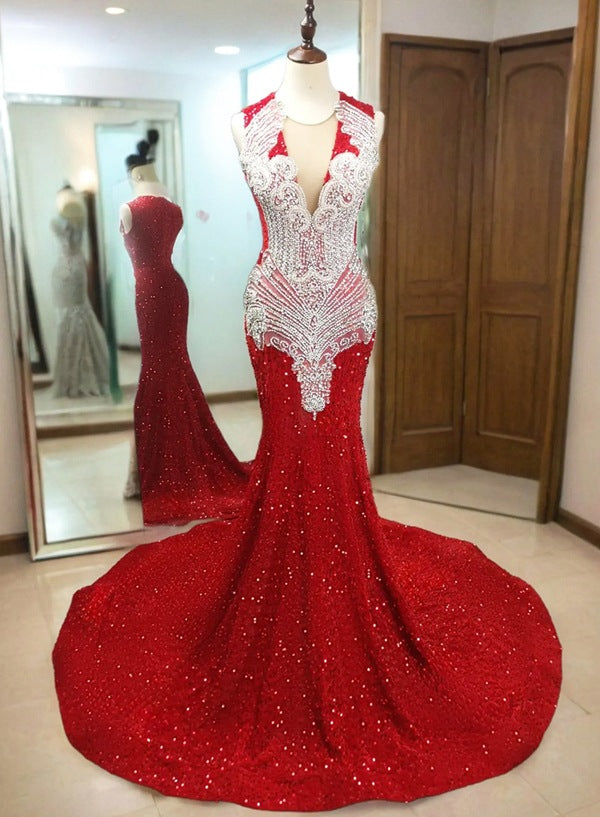 Red V-neck Sleeveless Mermaid Prom Dress with Beaded Detail