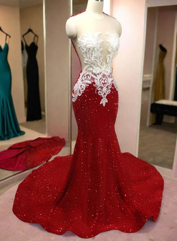 Red Sleeveless Mermaid Formal Gown with Embellished Neckline Prom Dress