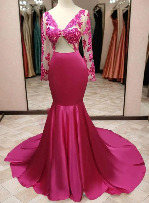 Sheath Fuchsia Long Sleeves Silk Like Satin Hollow Out Long Prom Dress