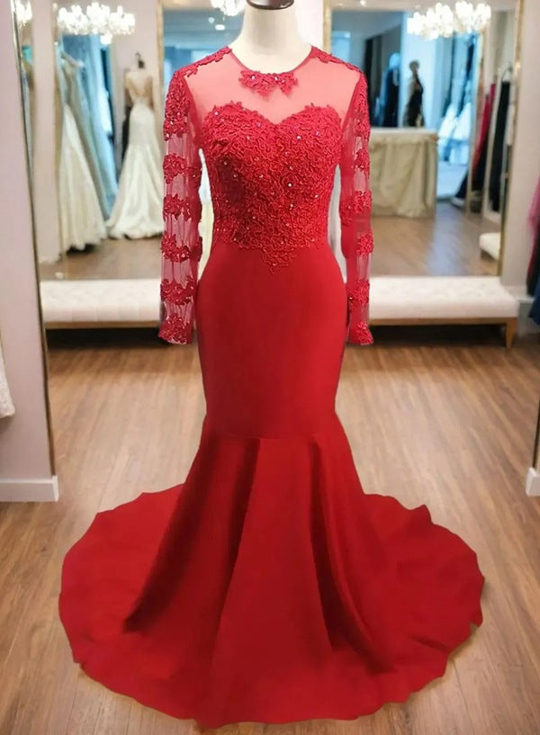 Red Sheath Long Sleeves Matte Satin Long Prom Dress With Appliques