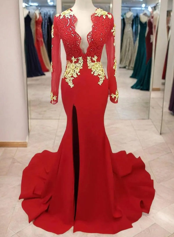 Red With Gold Sheath Long Sleeves Side Slit Long Prom Dress