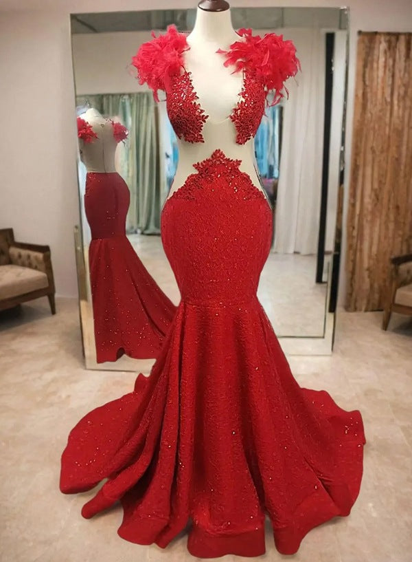 Red Mermaid V Neck Lace Prom Dress With Feathers