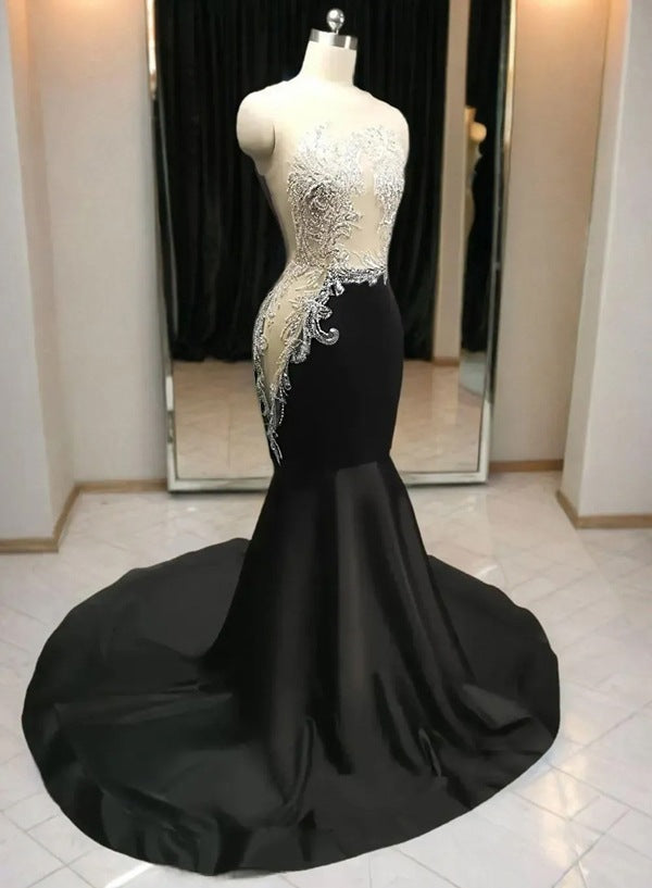 Black Mermaid Beaded Silk Like Satin Long Prom Dress