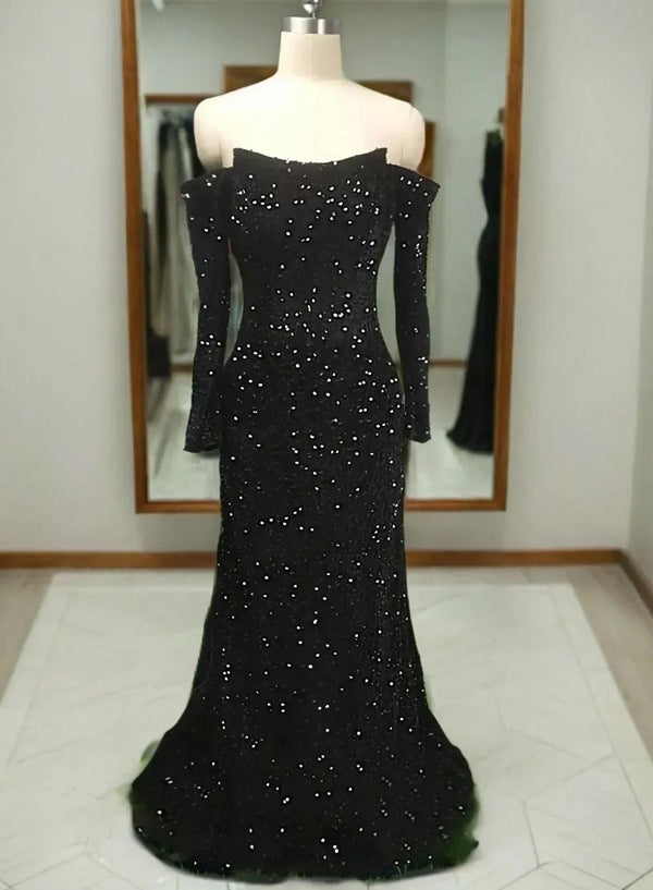 Black Sheath Long Sleeves Sequence Off Shoulder Long Prom Dress