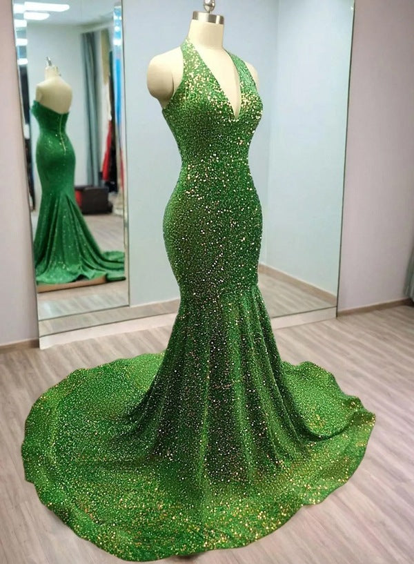 Green V Neck Halter Mermaid Sequence Long Prom Dress