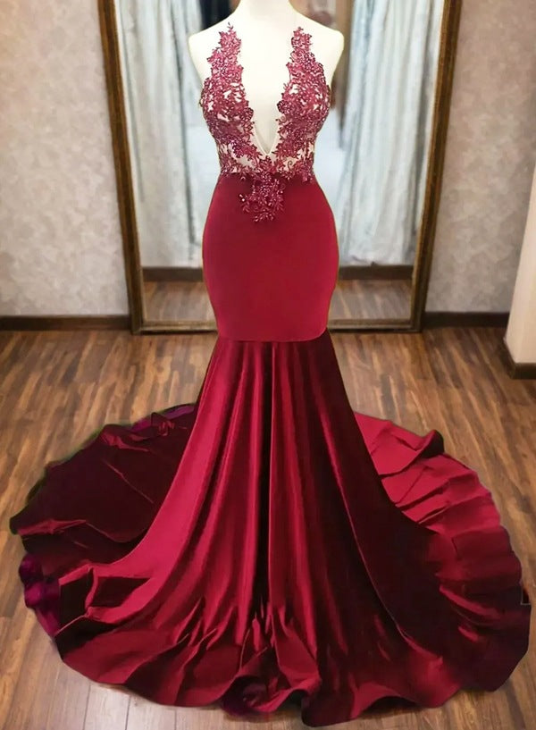 Burgundy Velvet V Neck Mermaid Long Prom Dress With Applique