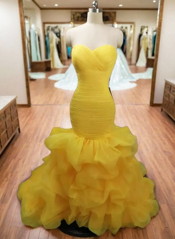 Mermaid Ruffles Strapless Layered Daffodil Tulle Long Prom Dress