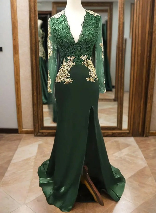 Sheath Hunter Green V Neck Long Sleeves Gold Applique Long Prom Dress