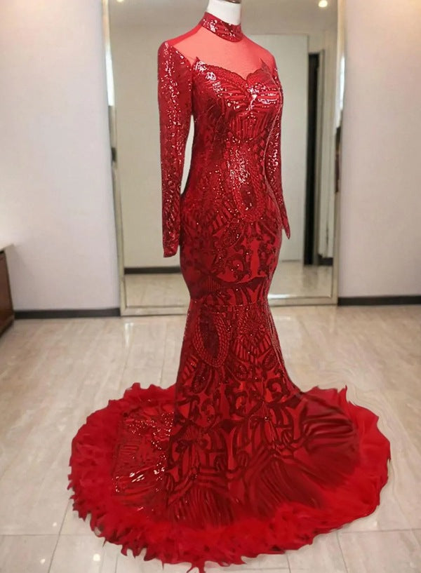 Red Mermaid Lace High Neck Long Sleeves Prom Dress With Feathers