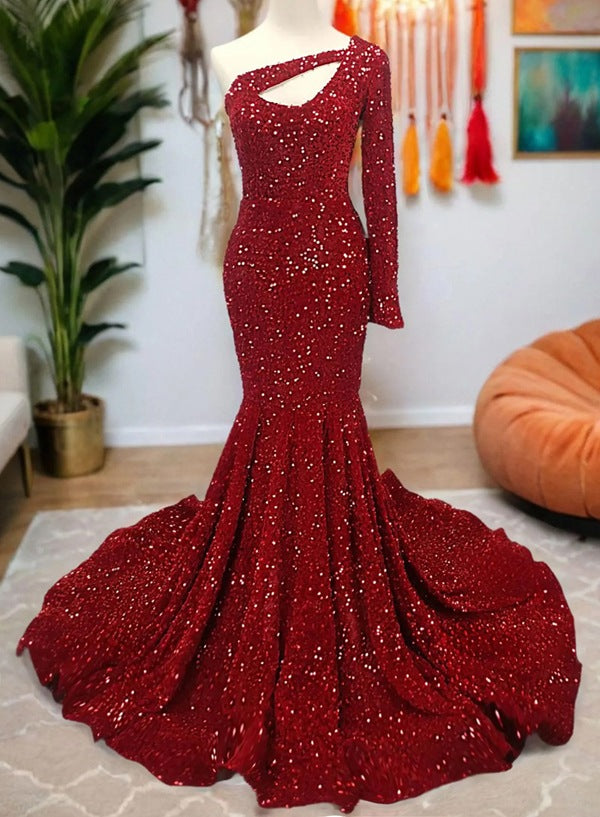 One Shoulder Sequence Burgundy Mermaid Long Prom Dress