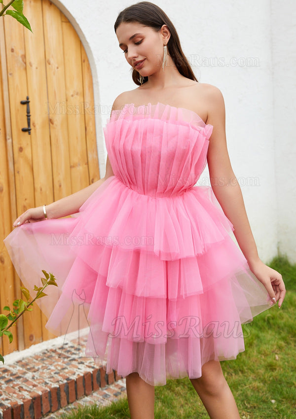 Strapless Tulle Knee Length Pink Short Homecoming Dress