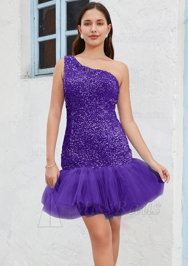 One Shoulder Purple Sequence Knee Length Short Homecoming Dress