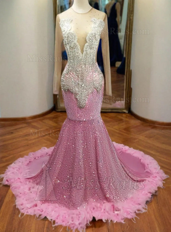 Pink Long Sleeves Bateau Beaded And Diamonds Sequence Prom Dress With Feathers